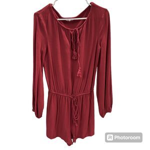 Deep Red Long Sleeve Short Romper with Drawstring waist and neckline Size XS